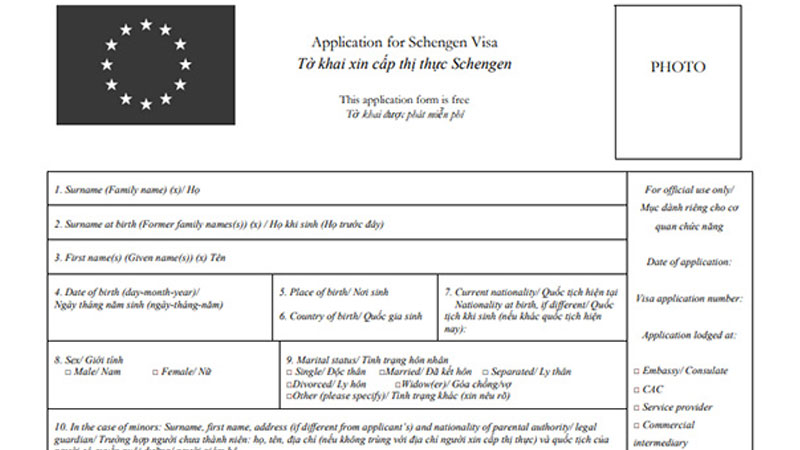 Hình ảnh tờ khai xin visa được ghi bằng tiếng Anh