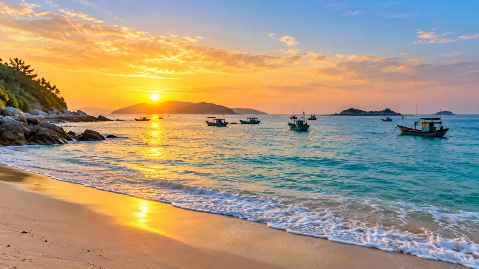 Ánh bình minh trên biển Hồng Vàn Cô Tô với thuyền chài trên mặt nước