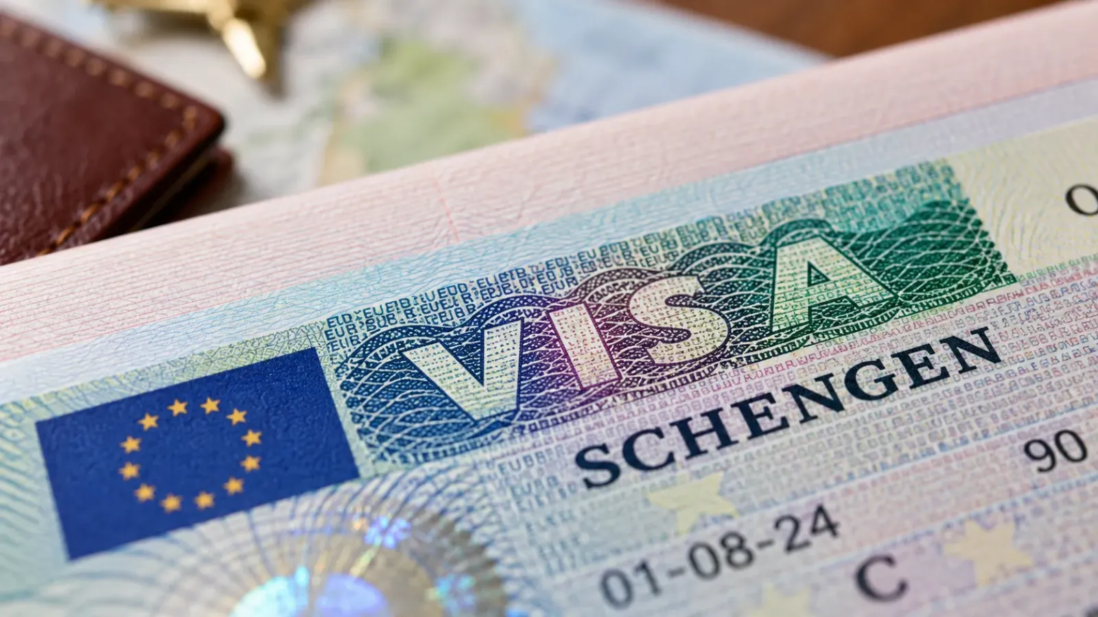 Ảnh cận cảnh một phần thị thực Schengen với thông tin in trên nhãn visa.