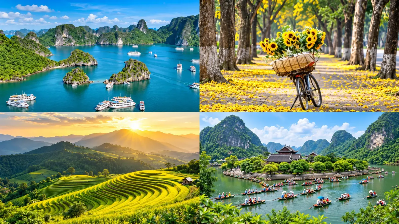 Ảnh ghép cảnh vịnh biển, xe đạp hoa, ruộng bậc thang và khu du lịch giữa núi xanh miền Bắc