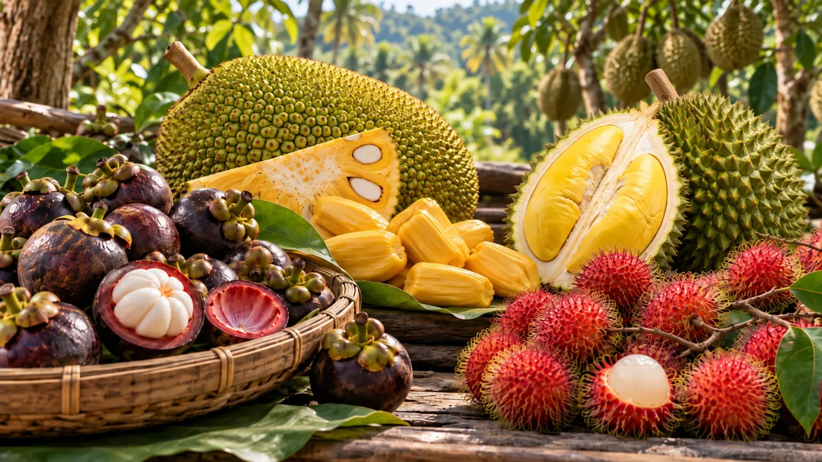 Ảnh ghép măng cụt, mít, sầu riêng và những giỏ chôm chôm chín đỏ