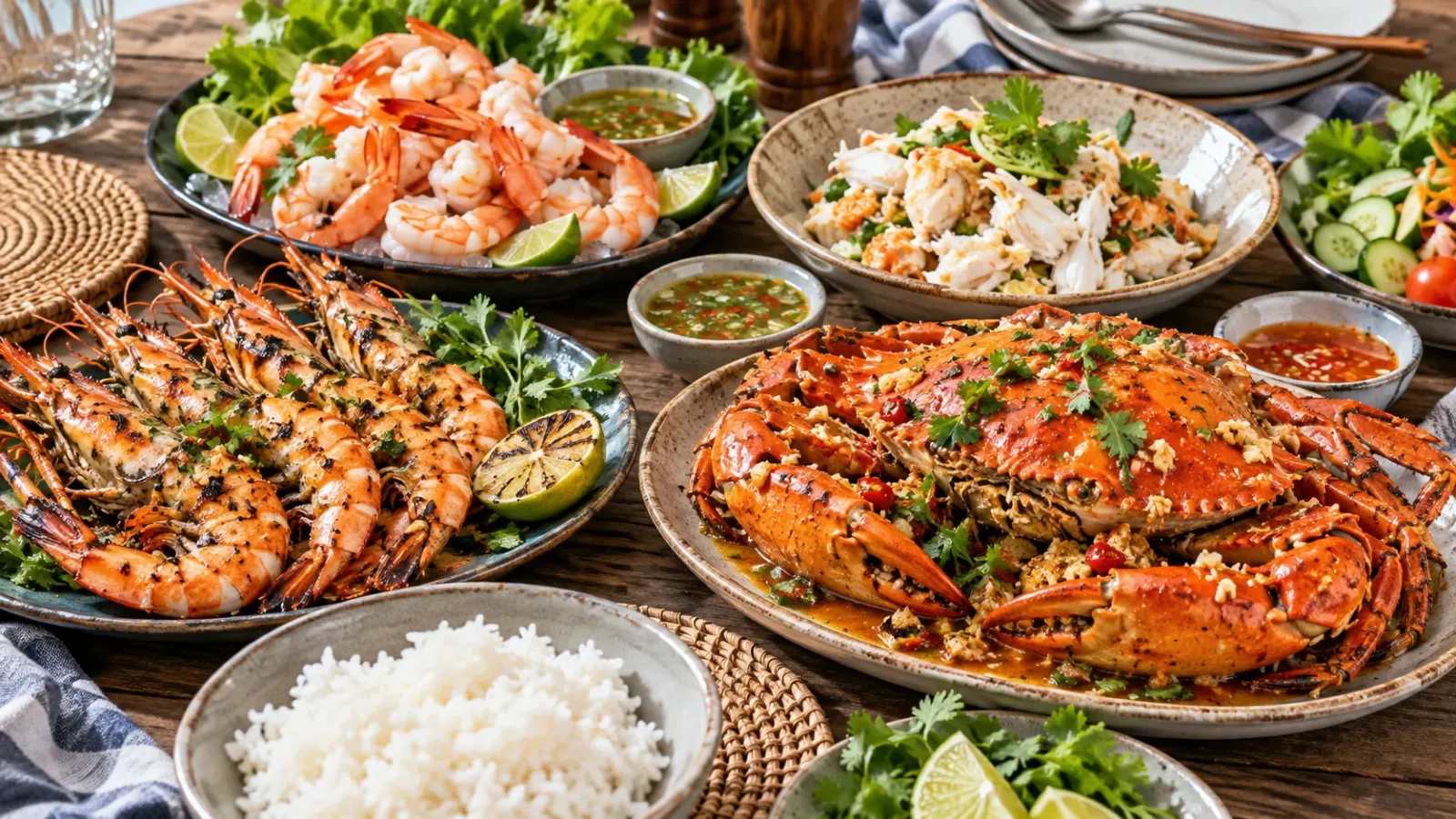Ảnh ghép nhiều món hải sản chế biến từ tôm, cua và các nguyên liệu ăn kèm