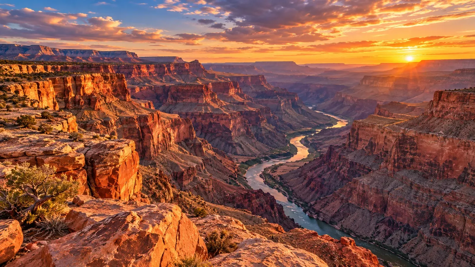 Ảnh minh họa cảnh quan hẻm núi Grand Canyon với các vách đá nhiều tầng và dòng sông uốn lượn