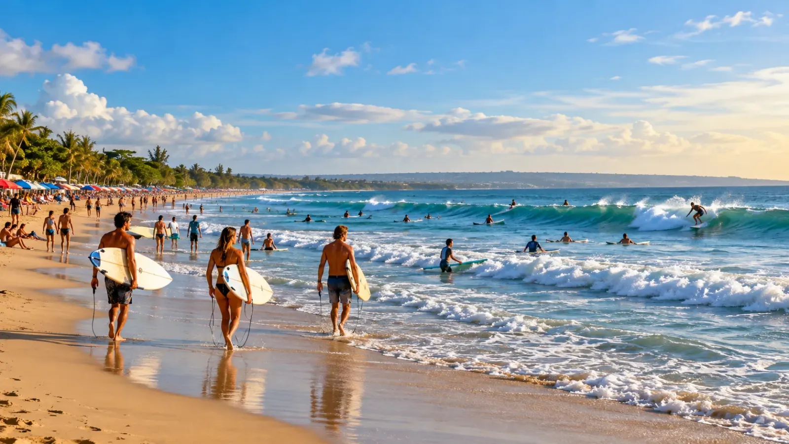 Bãi biển Kuta ở Bali với bờ cát, sóng biển và người tham gia hoạt động lướt sóng