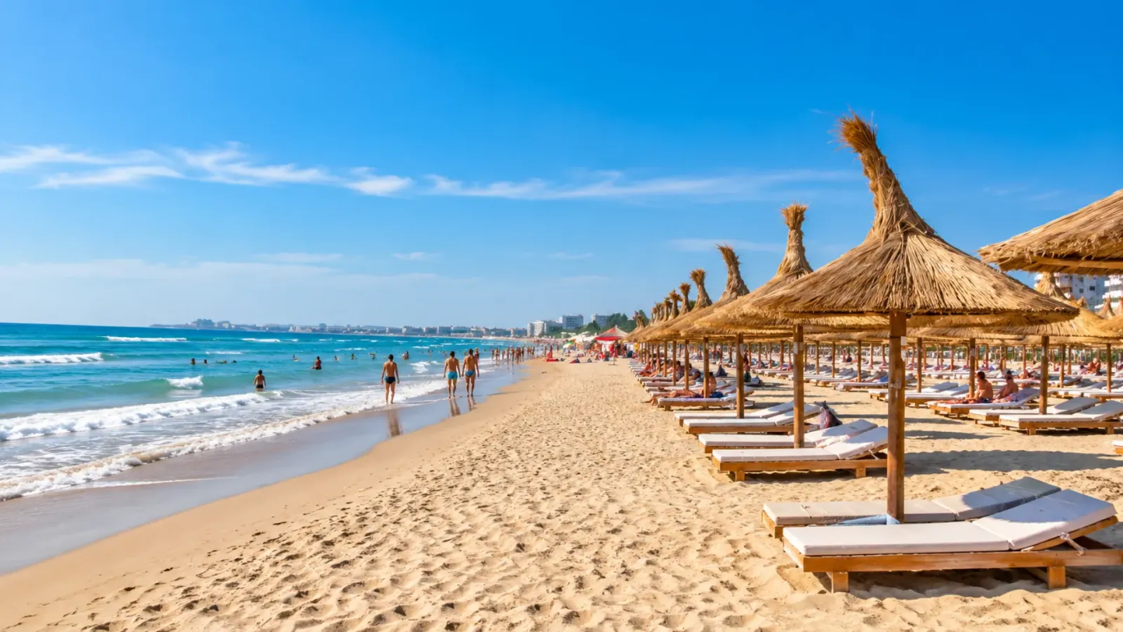 Bãi biển Mamaia bên Biển Đen với dải cát và các công trình nghỉ dưỡng tại Romania