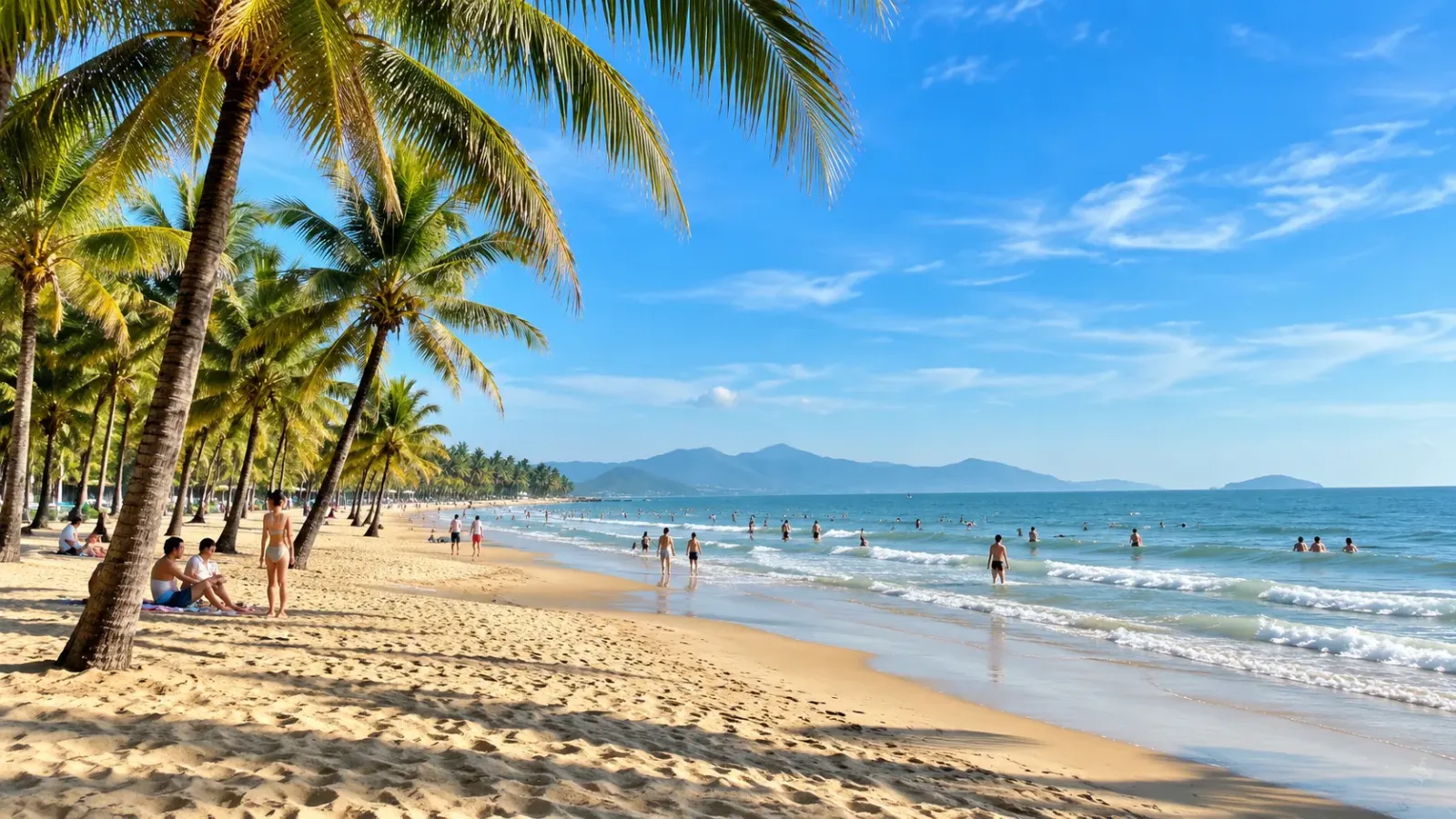 Bãi biển với hàng dừa ven bờ và du khách tắm biển.