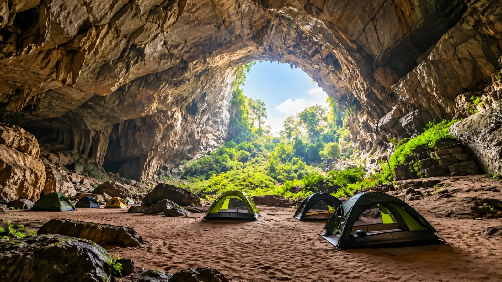 Bãi cắm trại với các lều nghỉ bên trong hang Én thuộc Phong Nha Kẻ Bàng