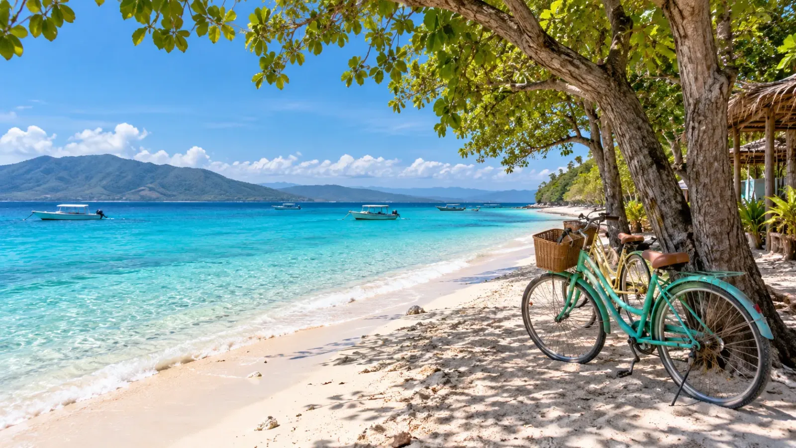 Bãi cát sáng màu, nước biển trong xanh và những chiếc xe đạp trong khung cảnh quần đảo Gili Indonesia