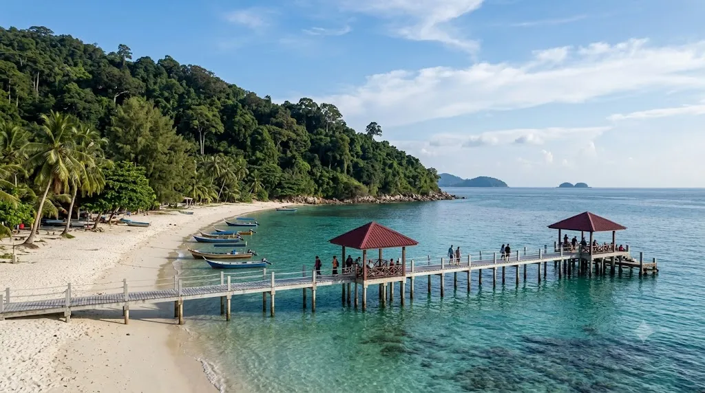 Bãi cát trắng ven đồi cây cùng cầu tàu mái đỏ và mặt biển xanh tại đảo Perhentian Malaysia.