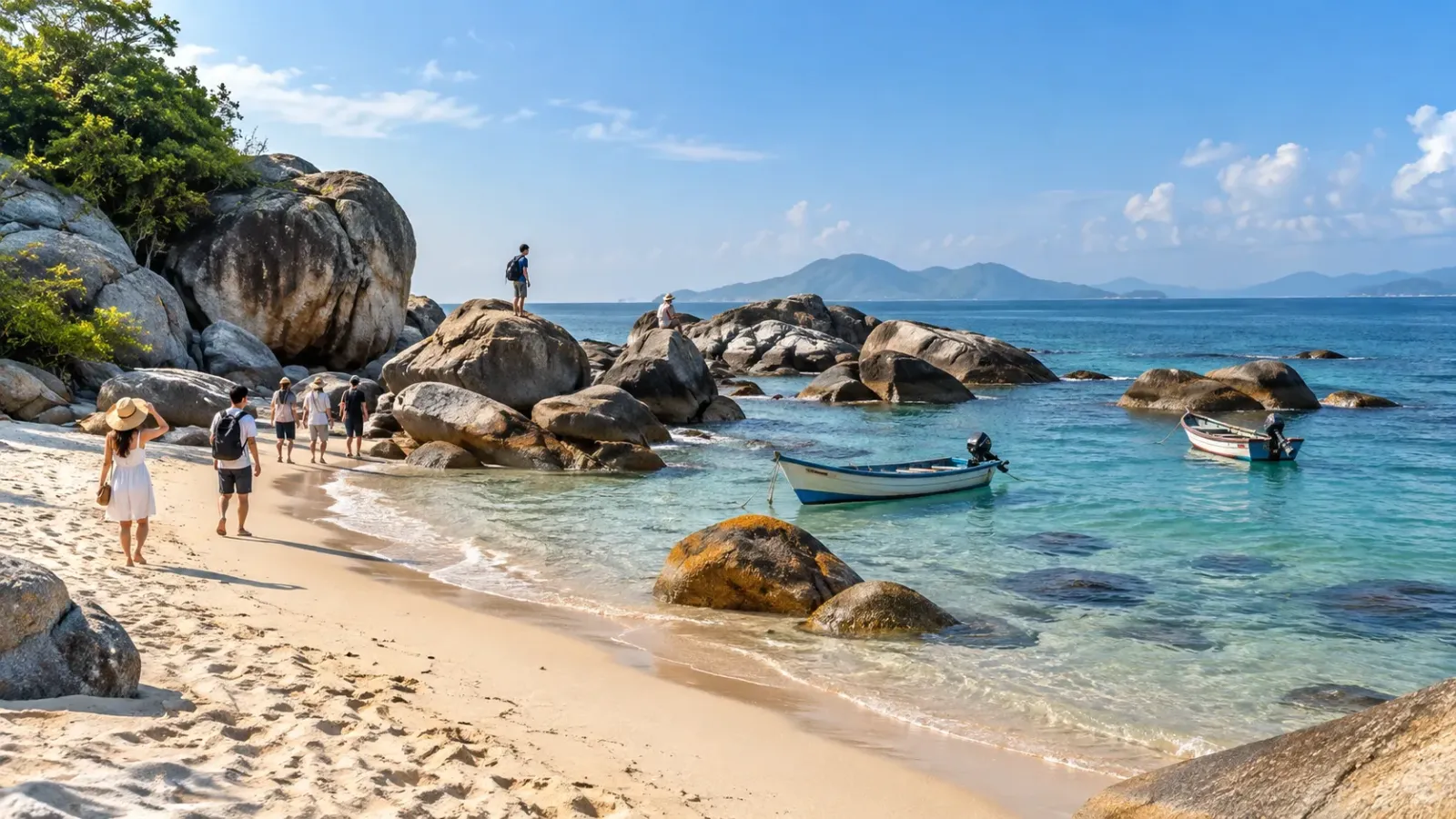 Bãi cát ven biển có những tảng đá, sóng trắng và dãy núi phía xa