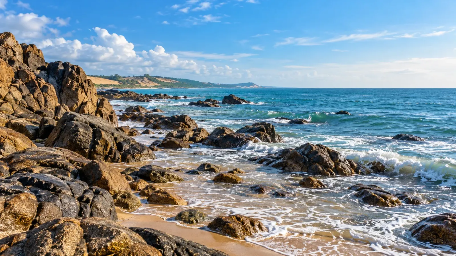 Bãi đá Ông Địa ở khu vực Phan Thiết Hàm Tiến với các khối đá hướng ra biển