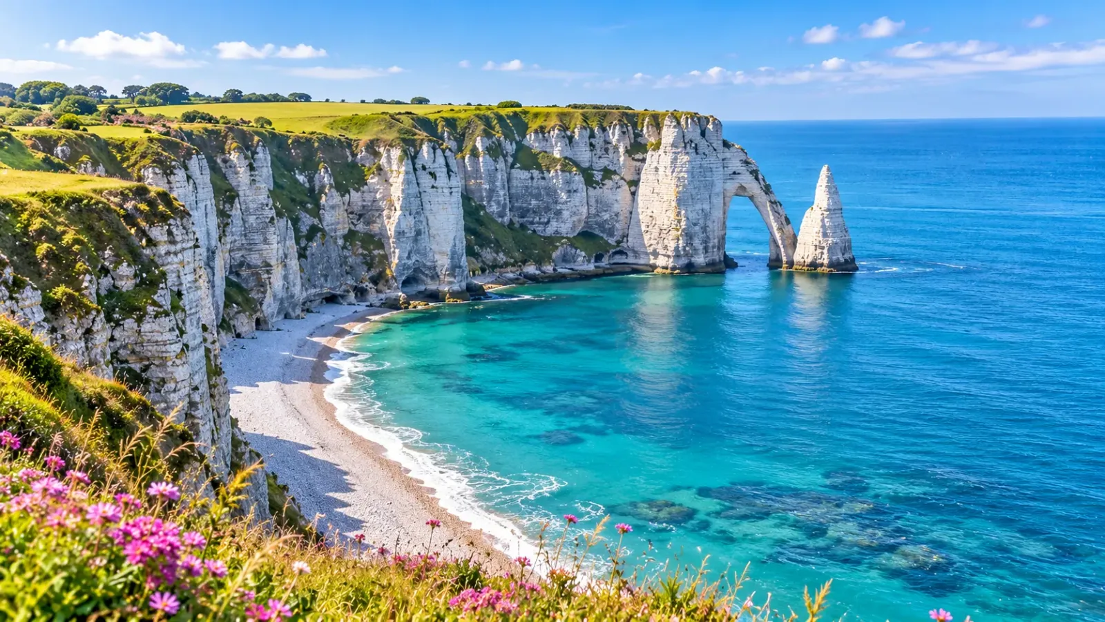 Bãi sỏi Étretat và những vách đá phấn trắng với cổng đá tự nhiên ở Normandy Pháp