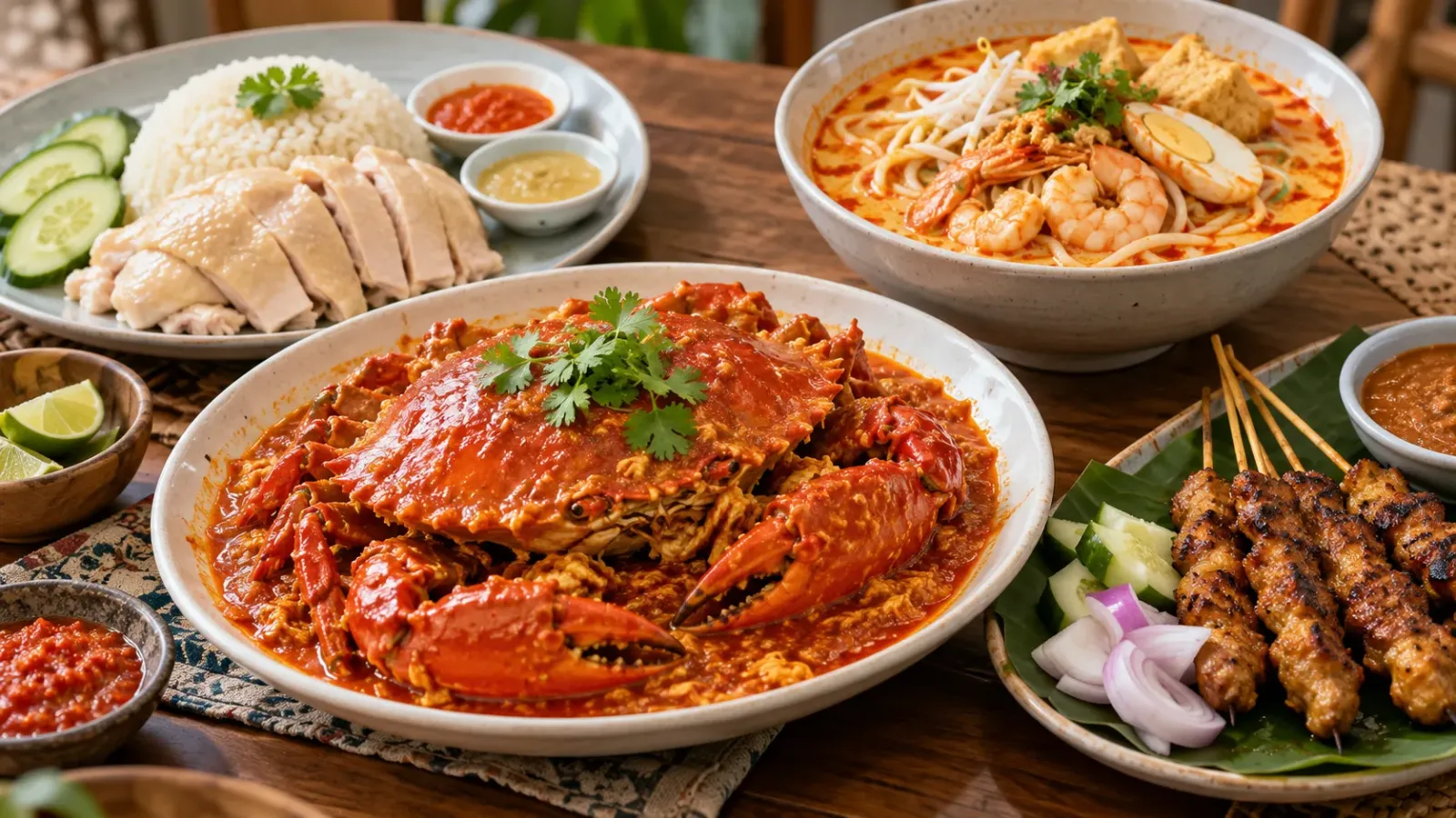 Bàn ăn Singapore với cua sốt ớt, cơm gà Hải Nam, laksa và các món đặc trưng.