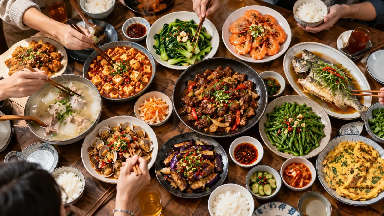 Bàn ăn với nhiều món ăn được bày trên đĩa, các thực khách đang dùng đũa thưởng thức món ăn