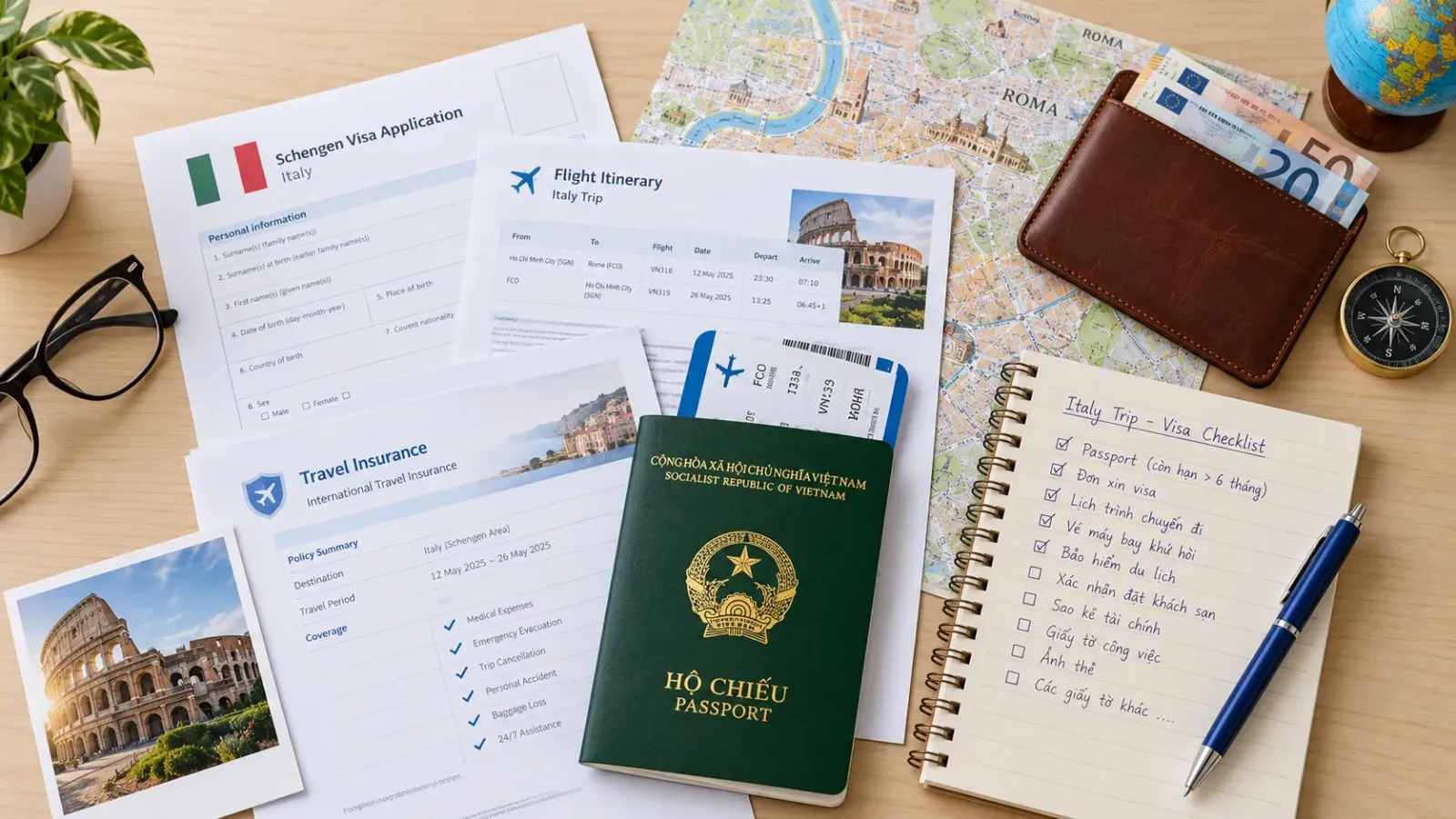 Bàn chuẩn bị hồ sơ visa du lịch Ý với hộ chiếu, giấy tờ, lịch trình và bút ghi chú