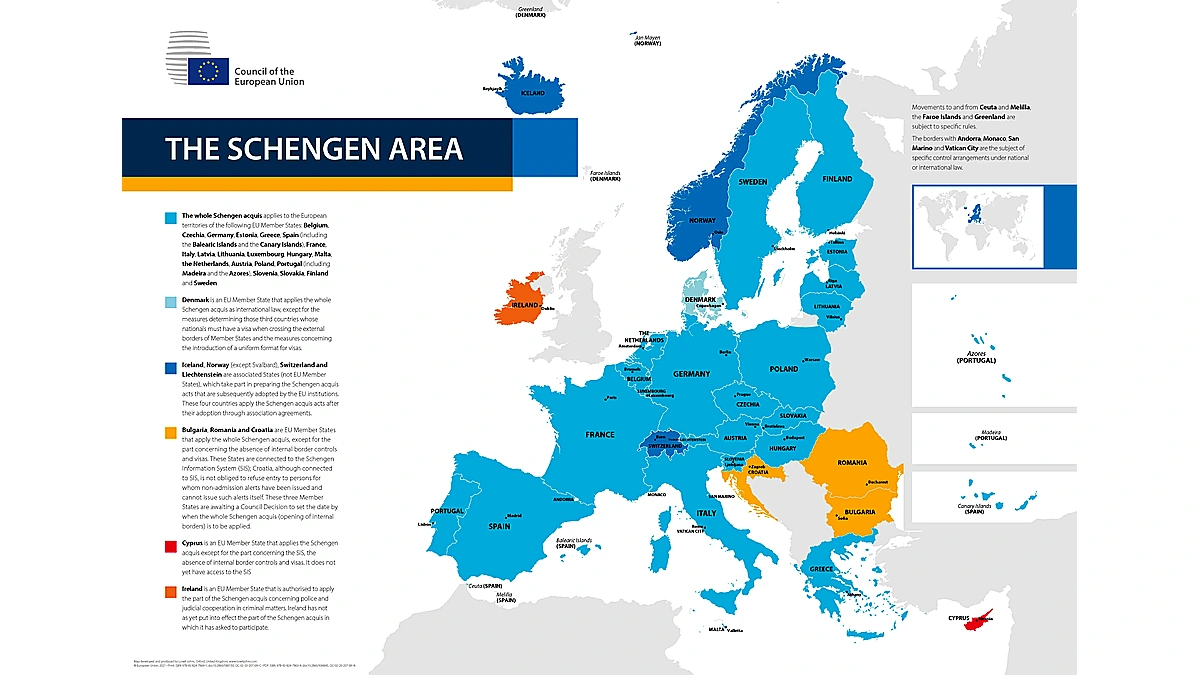 Bản đồ khu vực Schengen tại châu Âu với các quốc gia thành viên được phân biệt bằng màu sắc