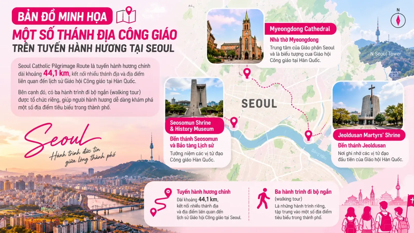 Bản đồ minh họa một số thánh địa Công giáo trên tuyến hành hương tại Seoul