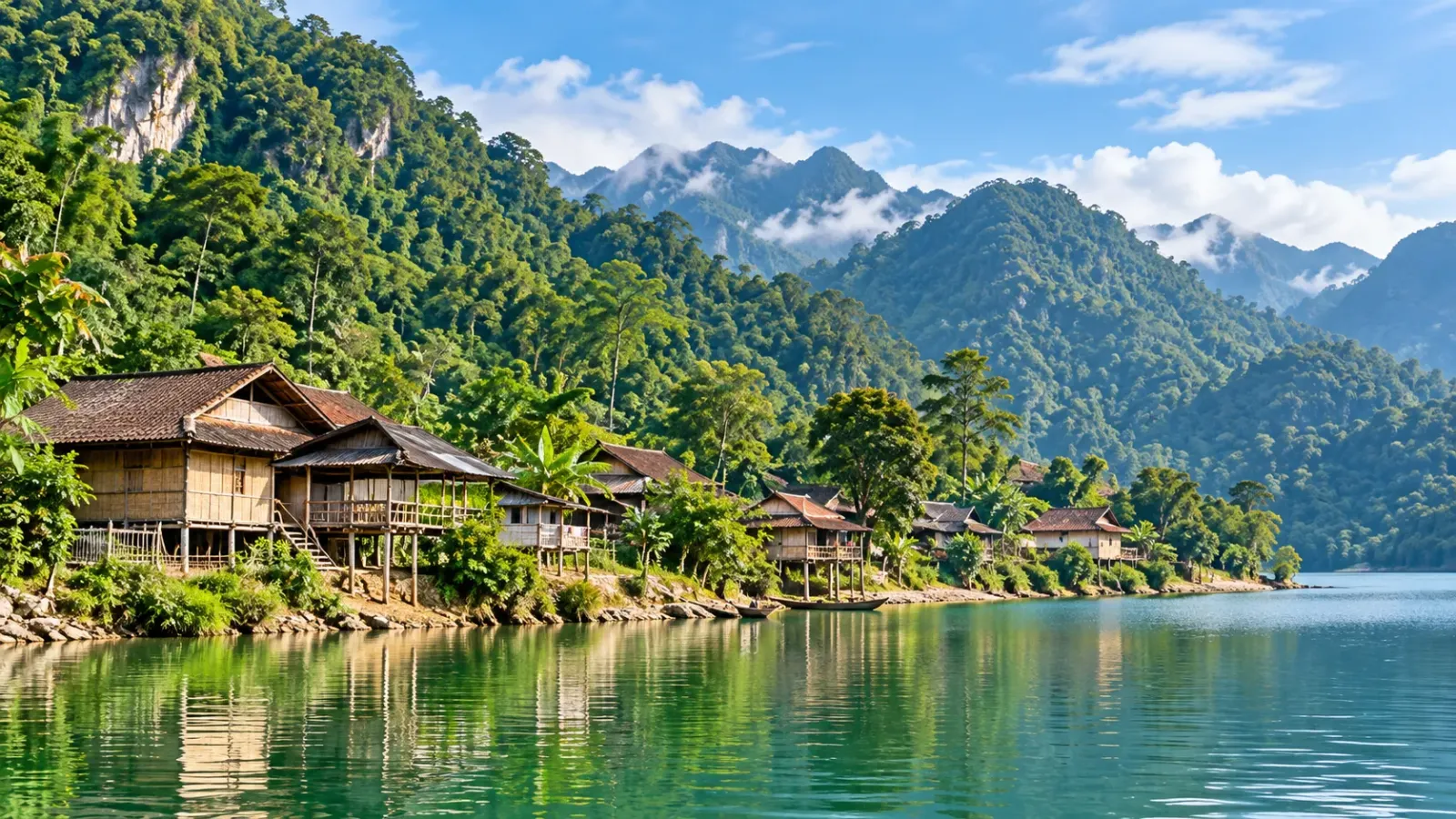 Nhà sàn và cảnh quan bản Pác Ngòi bên hồ Ba Bể
