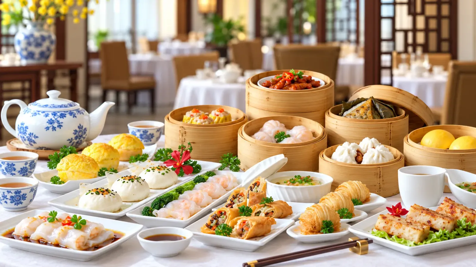 Bàn trà sáng Quảng Đông với trà nóng, há cảo, xíu mại và các xửng dim sum