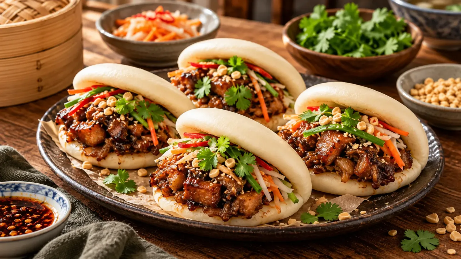 Bánh bao Gua Bao kẹp thịt và các nguyên liệu ăn kèm đặc trưng của ẩm thực Đài Loan
