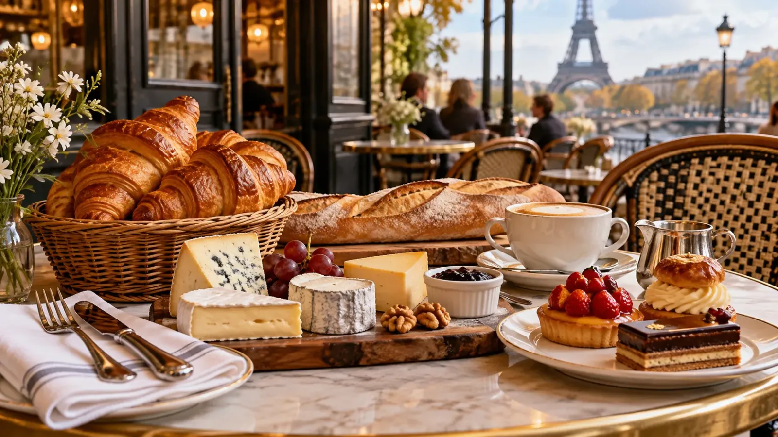 Bánh croissant, bánh mì baguette, phô mai và bánh ngọt Pháp được bày trên bàn ăn trong không gian quán cà phê