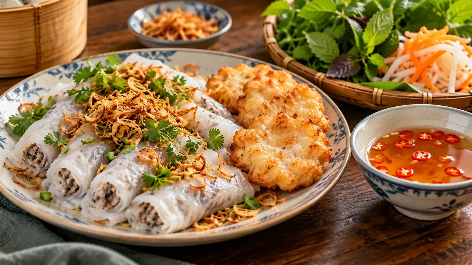 Bánh cuốn nóng ăn kèm chả mực Hạ Long và nước chấm
