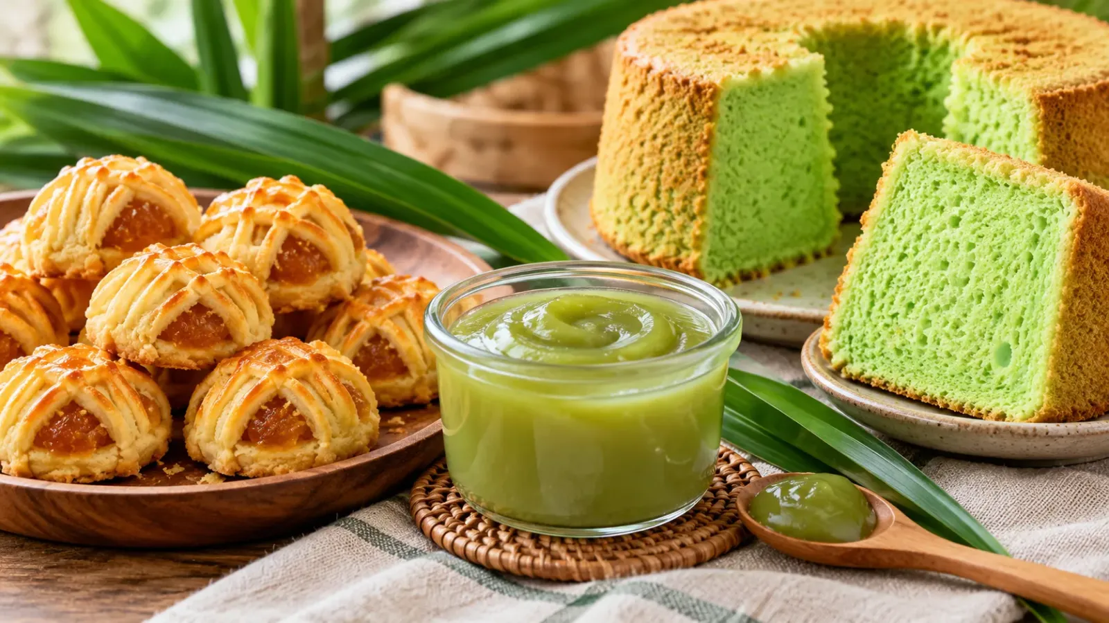 Bánh dứa Singapore cùng lọ mứt kaya và lát bánh chiffon lá pandan bày trên bàn