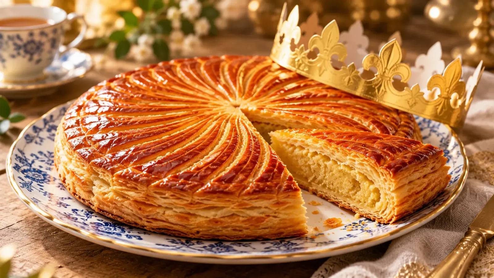 Bánh Galette des Rois truyền thống của Pháp với lớp vỏ vàng và vương miện giấy