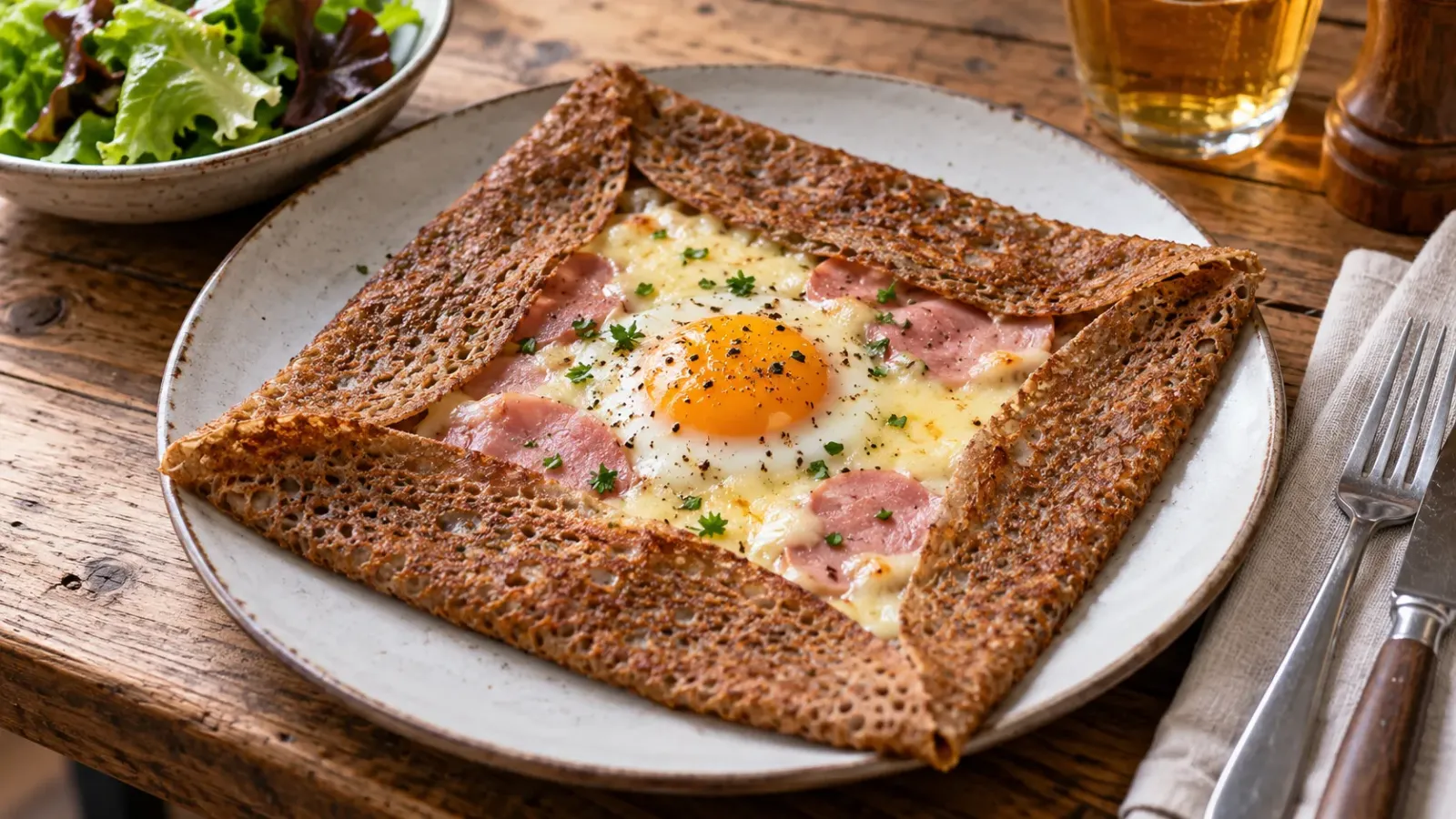 Bánh galette kiều mạch vùng Bretagne tại Pháp với nhân trứng giăm bông và phô mai