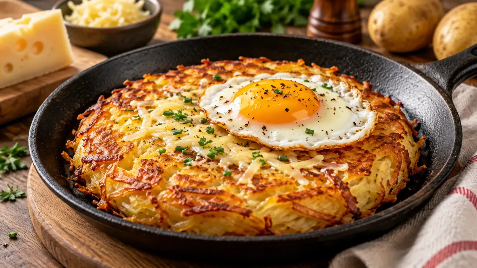 Bánh khoai tây Rösti chiên vàng trong chảo, ăn kèm trứng ốp la và phô mai