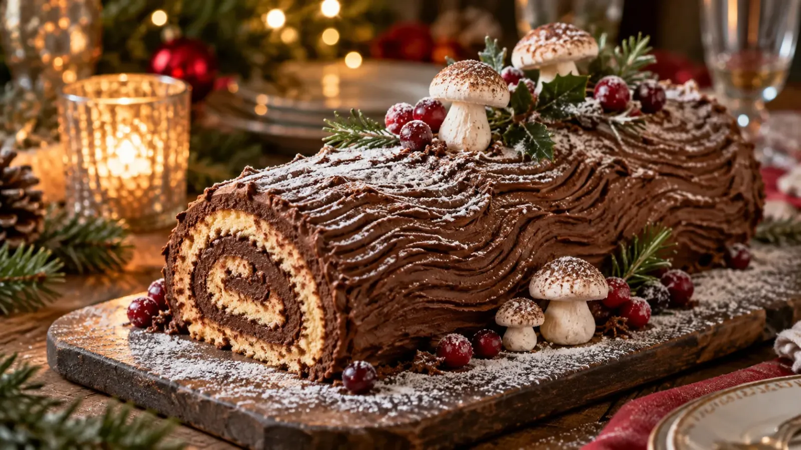Bánh Bûche de Noël tạo hình khúc cây với lớp kem và họa tiết trang trí Giáng sinh
