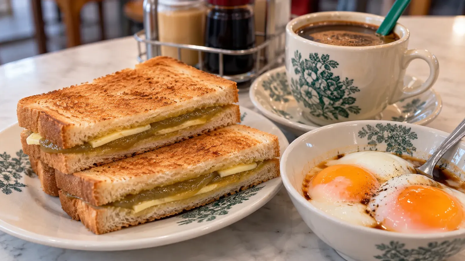 Bánh mì nướng kaya Singapore dùng cùng trứng lòng đào và tách cà phê kopi.