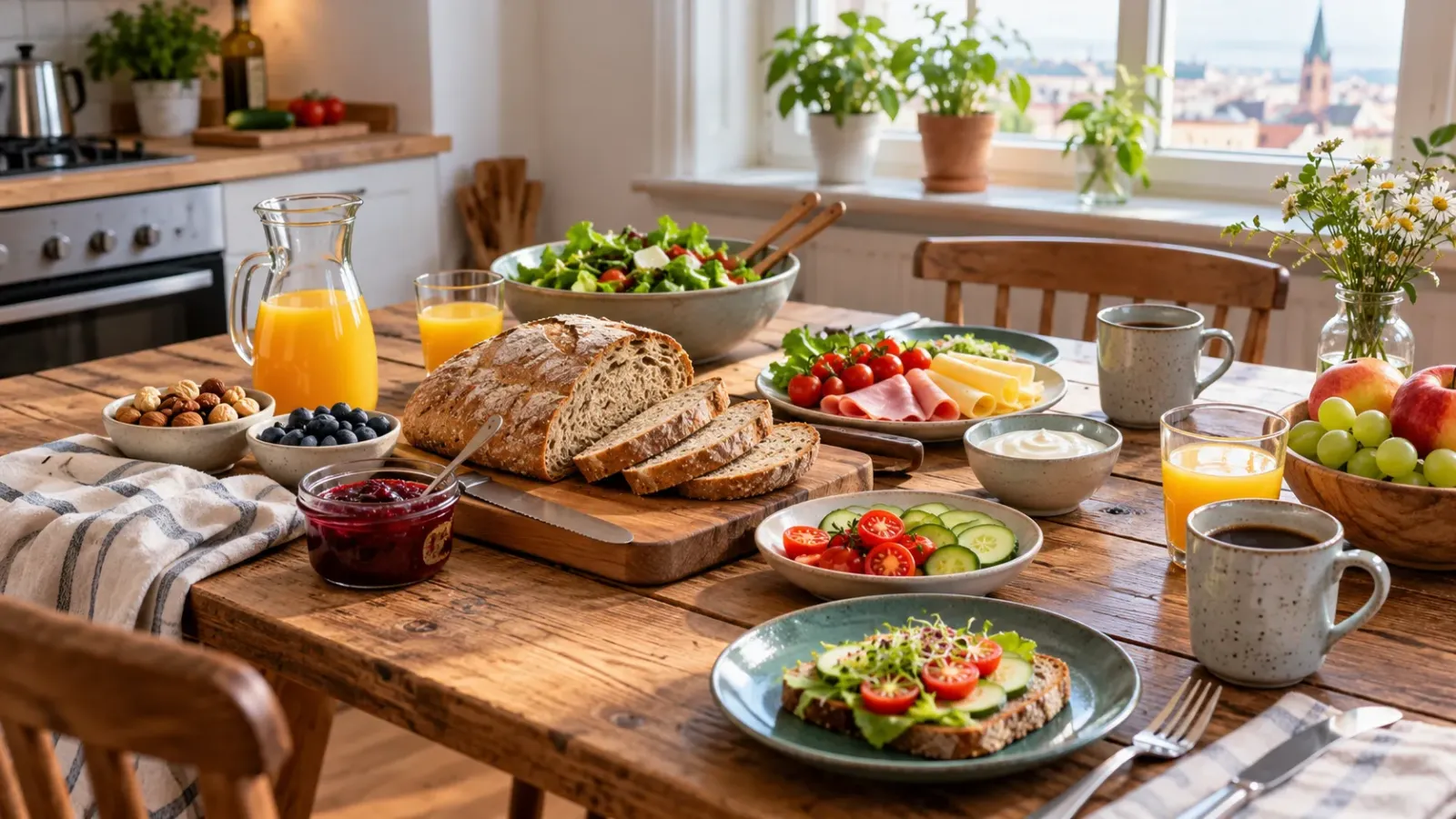 Bánh mì và thực phẩm đơn giản được chuẩn bị cho bữa ăn trong chuyến du lịch Bắc Âu
