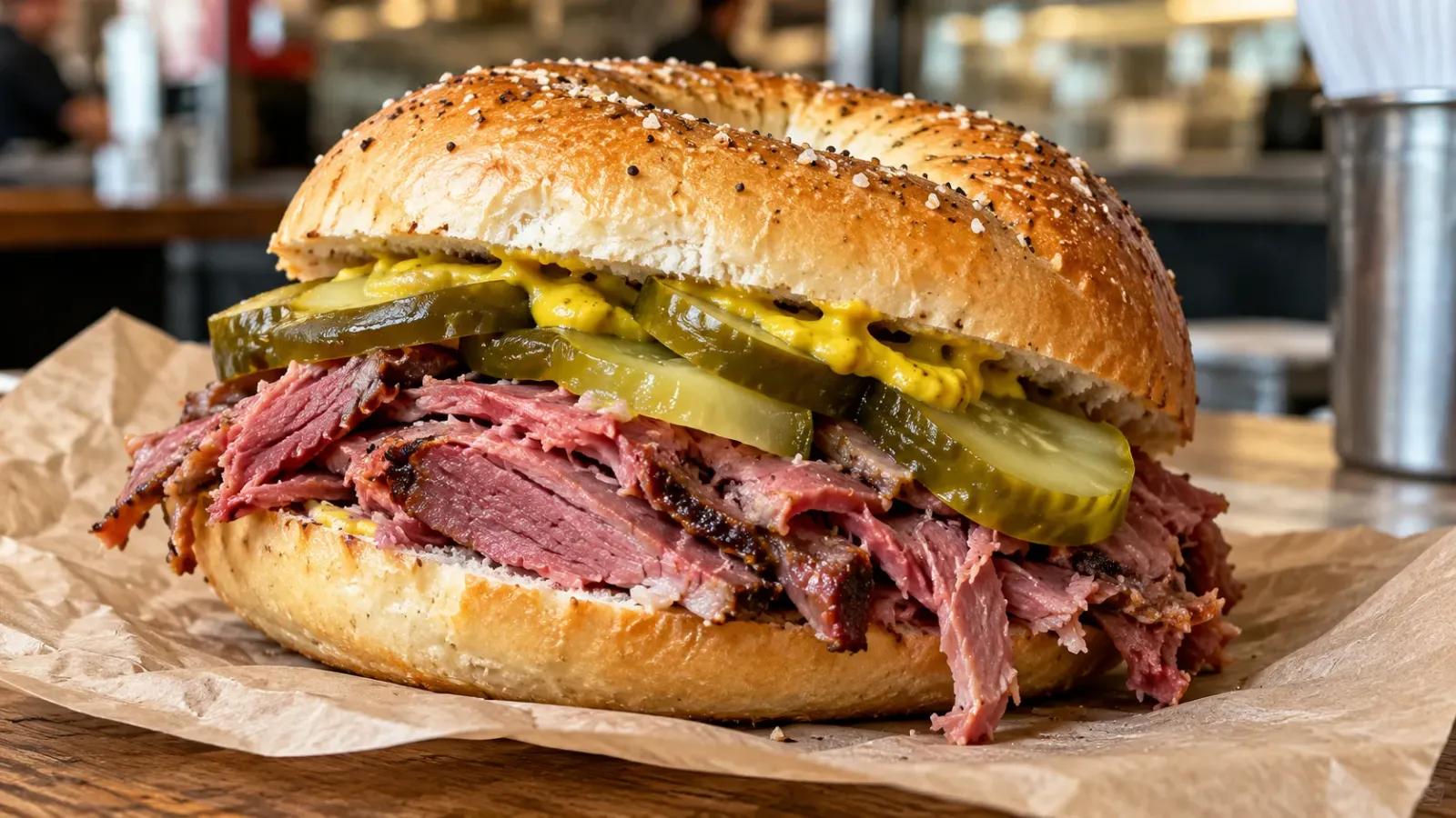  Bánh salt beef beigel kẹp thịt bò muối, mù tạt và dưa chuột muối kiểu London