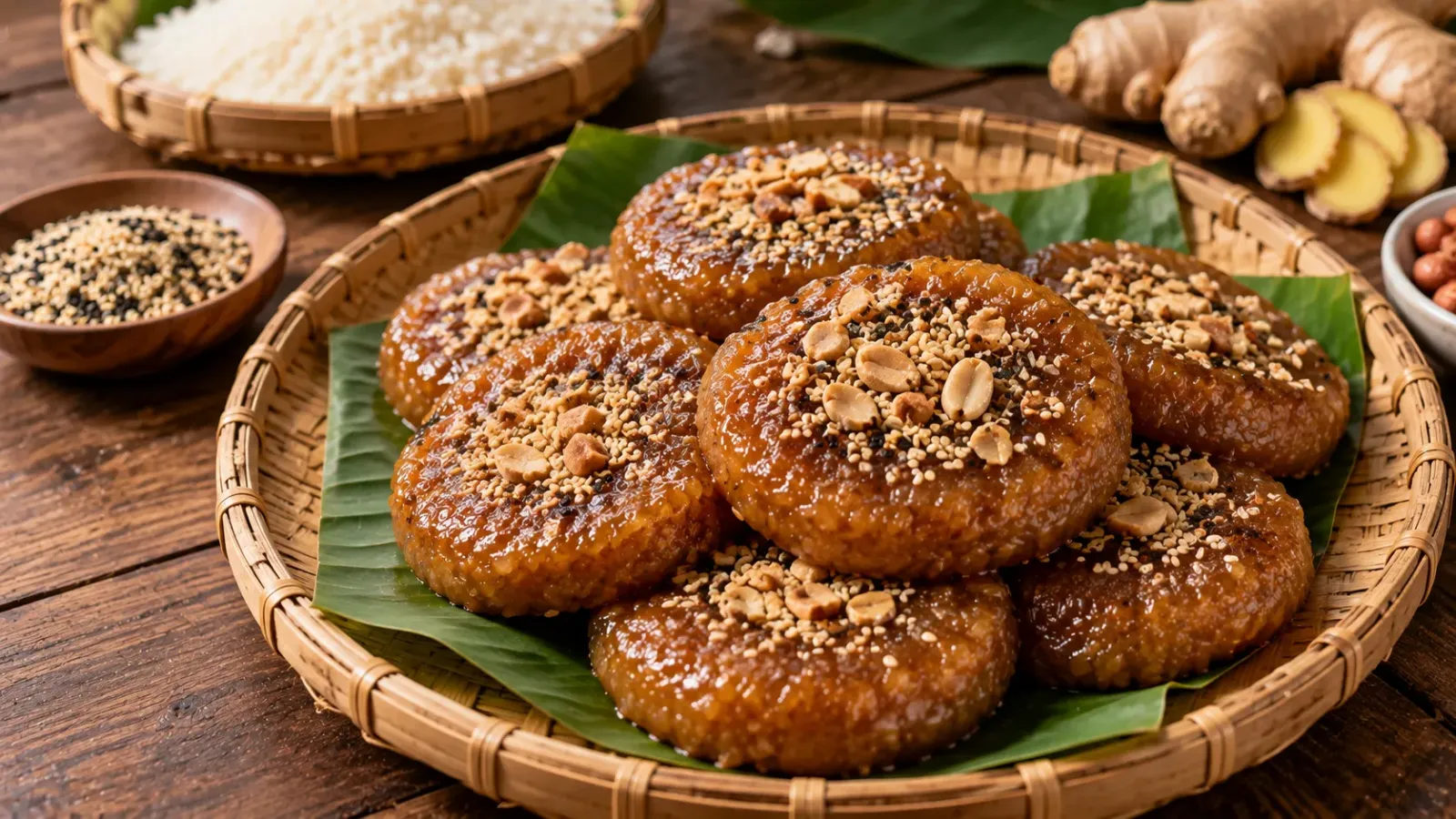 Bánh tài lồng ệp màu nâu làm từ gạo nếp, đường và gừng với lạc vừng trên mặt
