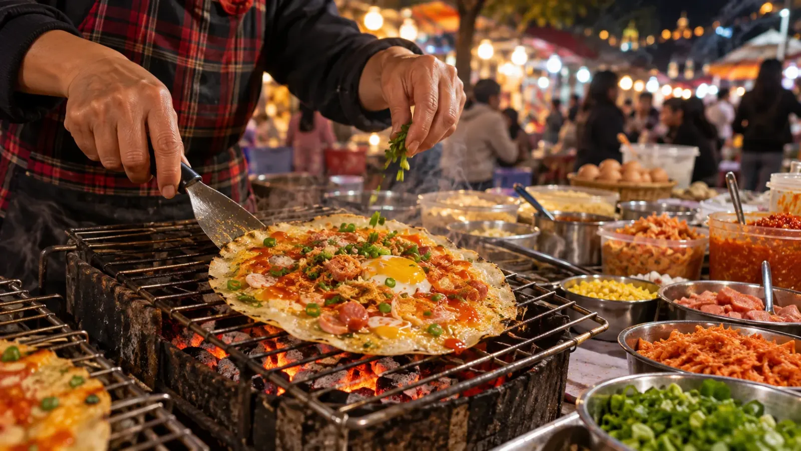 Bánh tráng nướng được chế biến tại gian hàng ẩm thực chợ đêm Đà Lạt