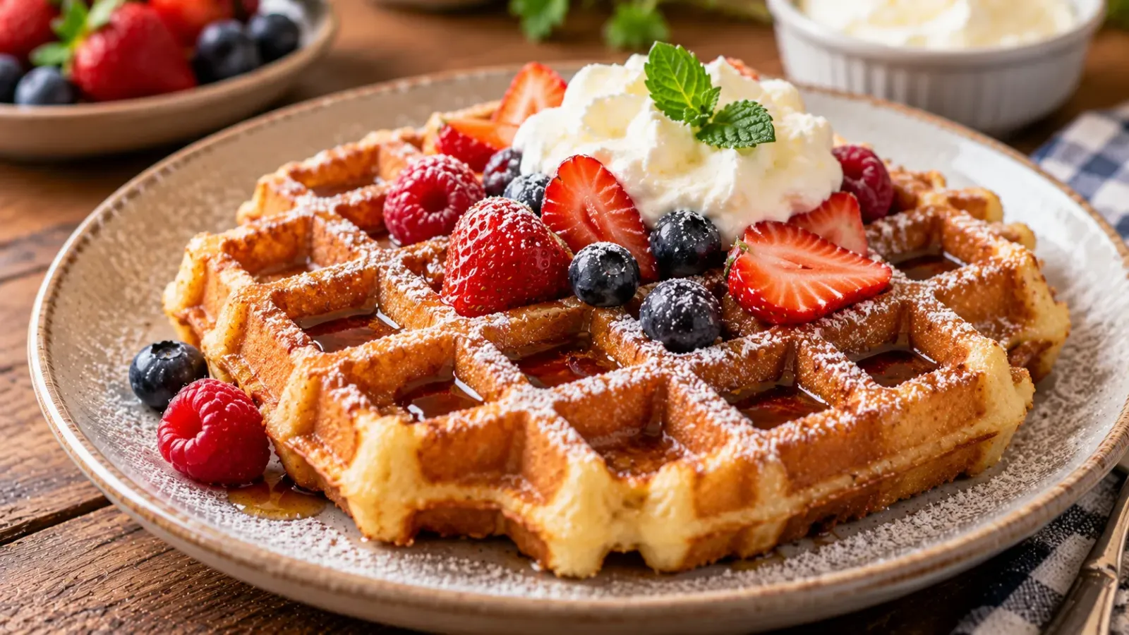 Bánh waffle Bỉ với bề mặt chia thành những ô vuông đặc trưng.