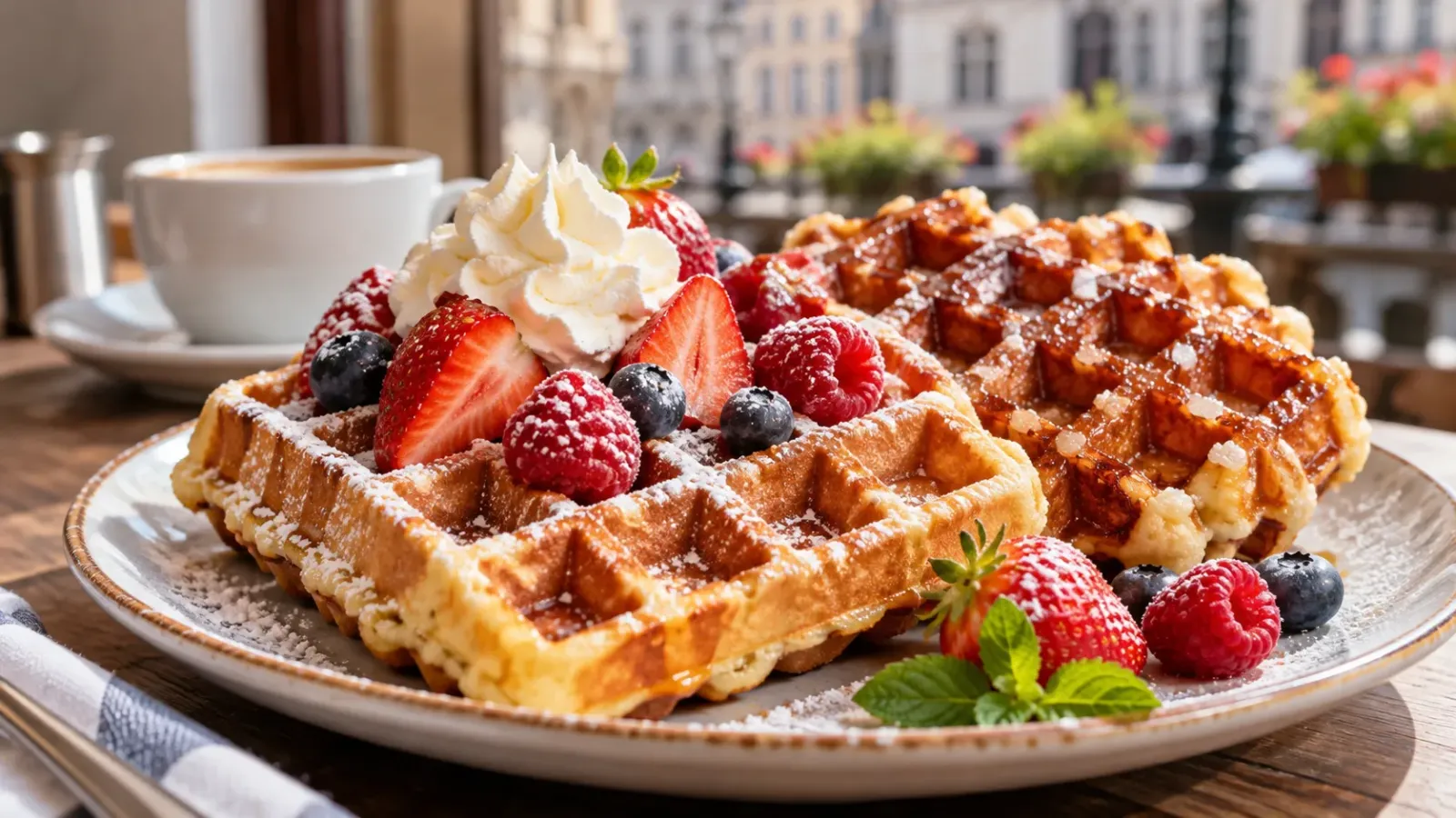 Bánh waffle Bỉ với bề mặt ô vuông đặc trưng.