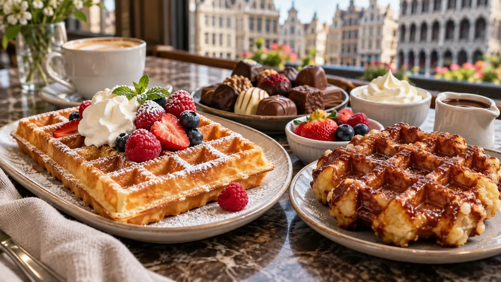 Bánh waffle Brussels và waffle Liège được bày trên đĩa, bên cạnh những viên chocolate và món ăn kèm.