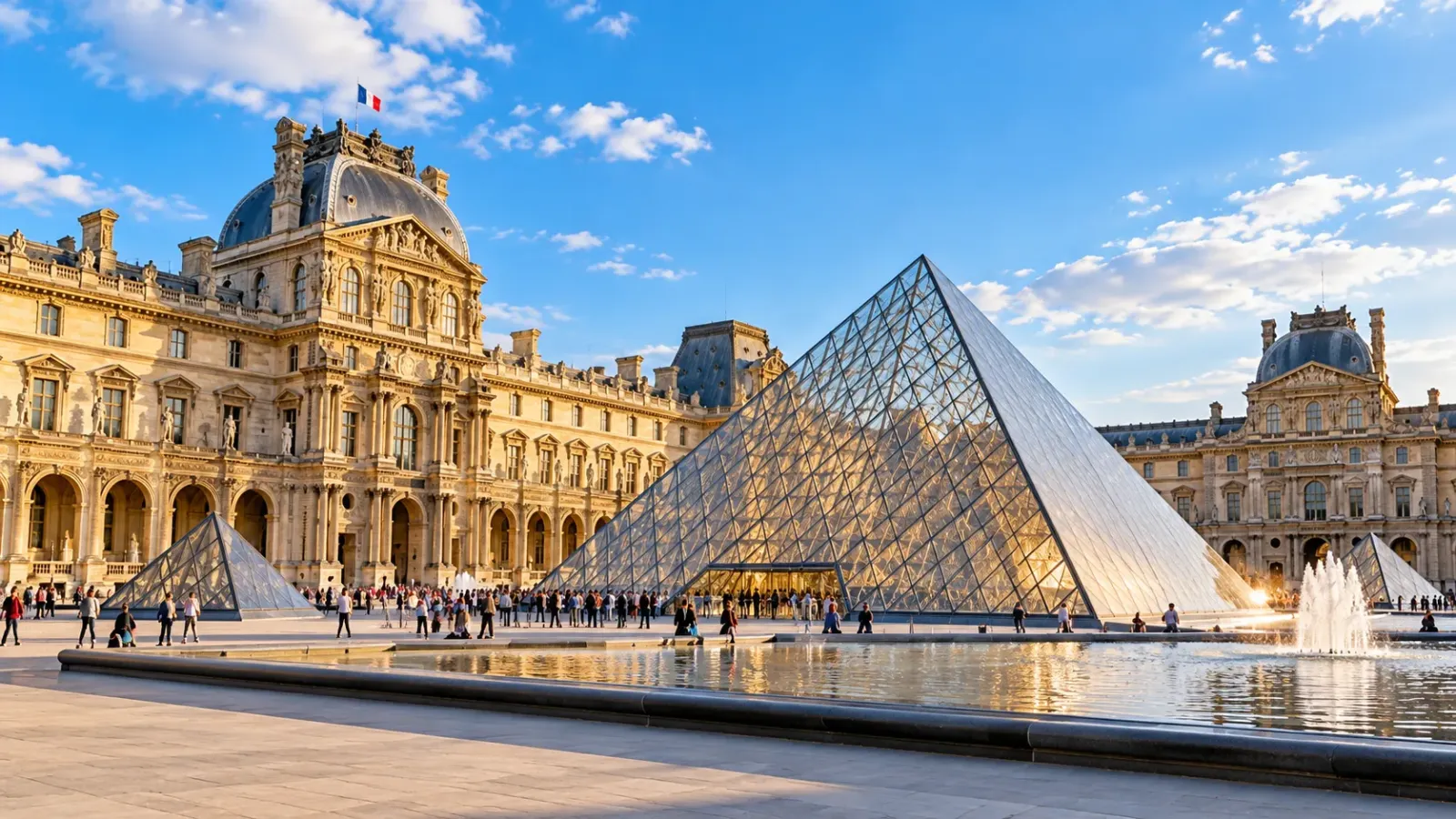 Bảo tàng Louvre tại Paris với công trình kiến trúc lịch sử và khu vực kim tự tháp kính.