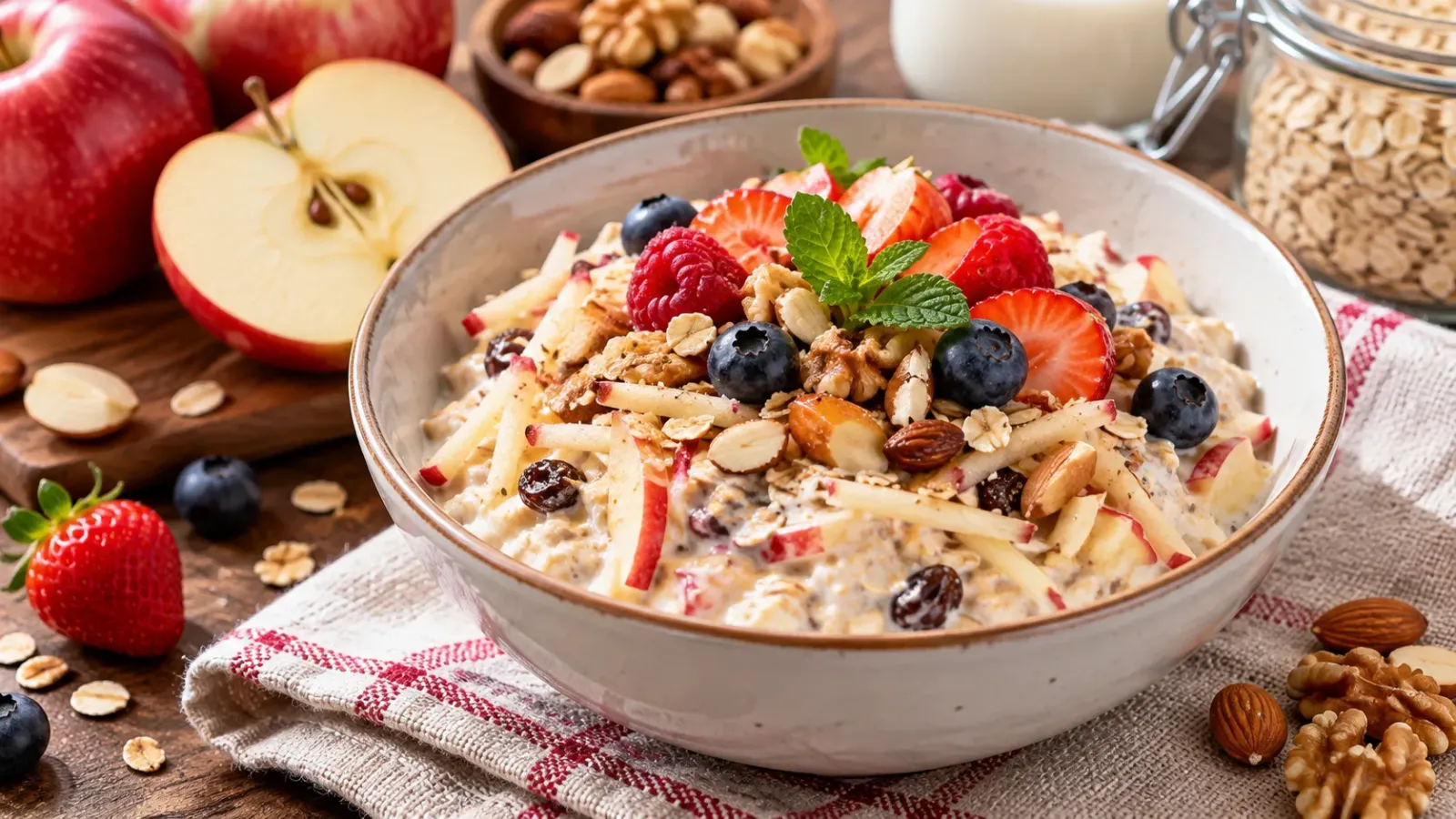 Bát Birchermüesli gồm yến mạch ngâm mềm, táo bào, sữa chua, quả mọng và các loại hạt