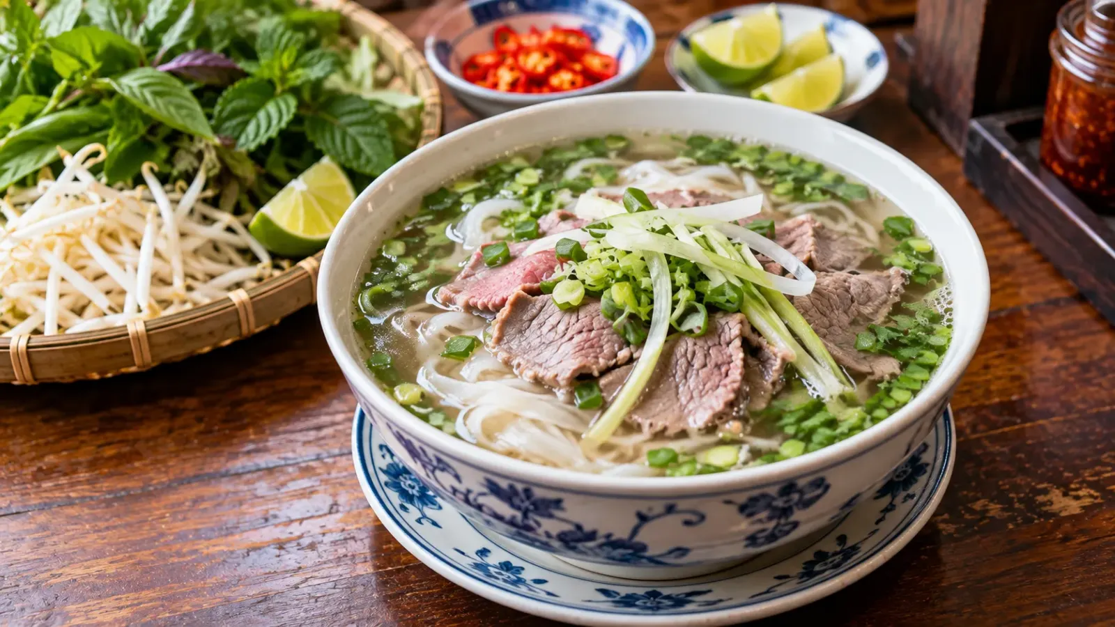 Bát phở bò Hà Nội với bánh phở, thịt bò và rau thơm.