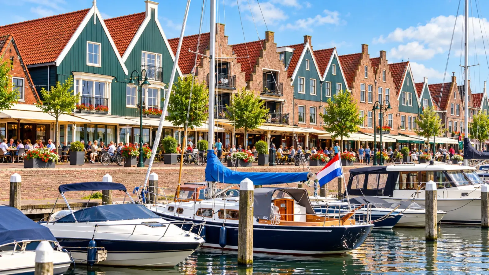 Bến cảng Volendam với thuyền và những ngôi nhà truyền thống ven mặt nước