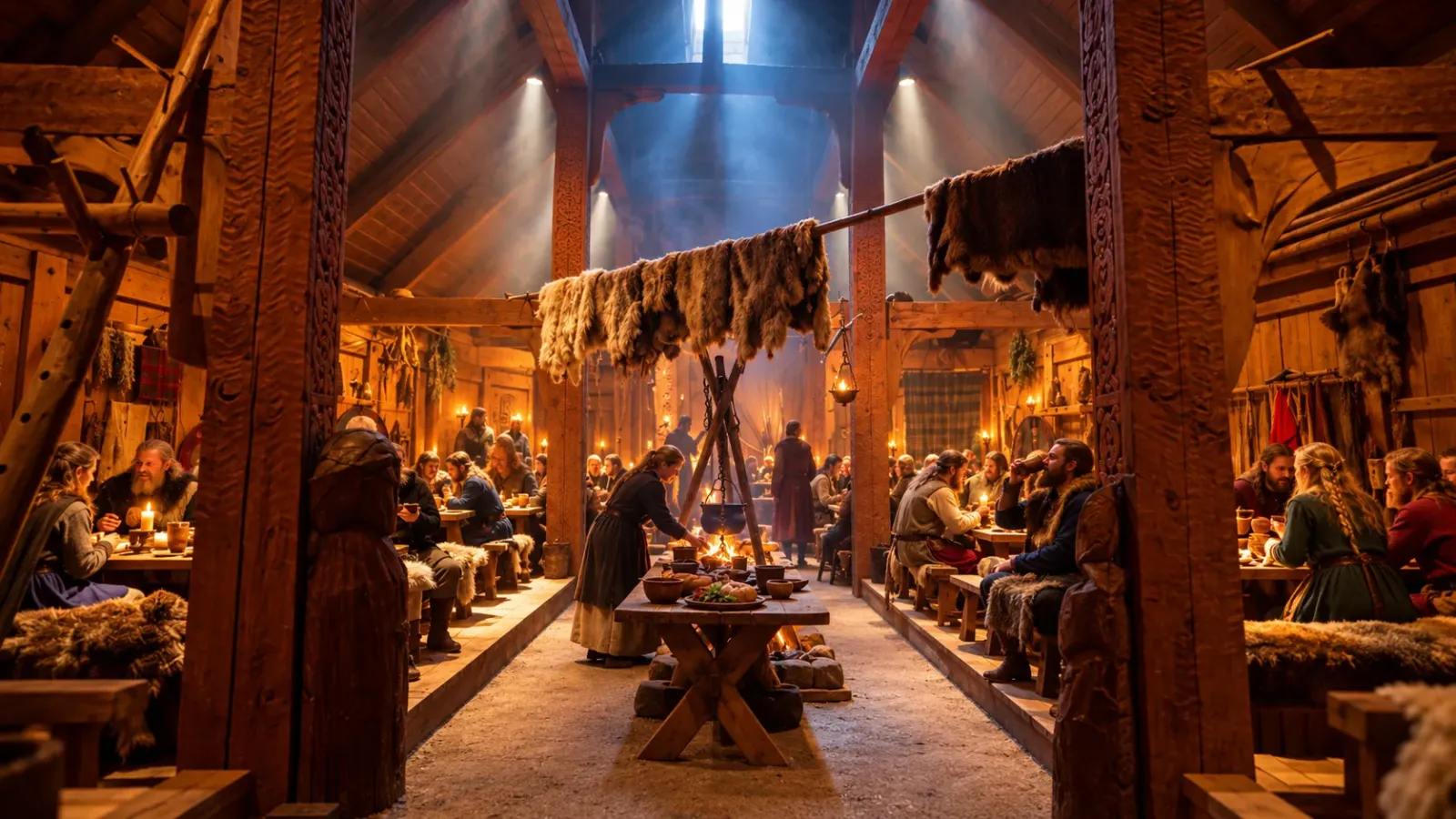 Bên trong ngôi nhà dài Viking phục dựng tại Lofotr Viking Museum ở Borg, Lofoten, Na Uy, với kết cấu gỗ và không gian sinh hoạt.