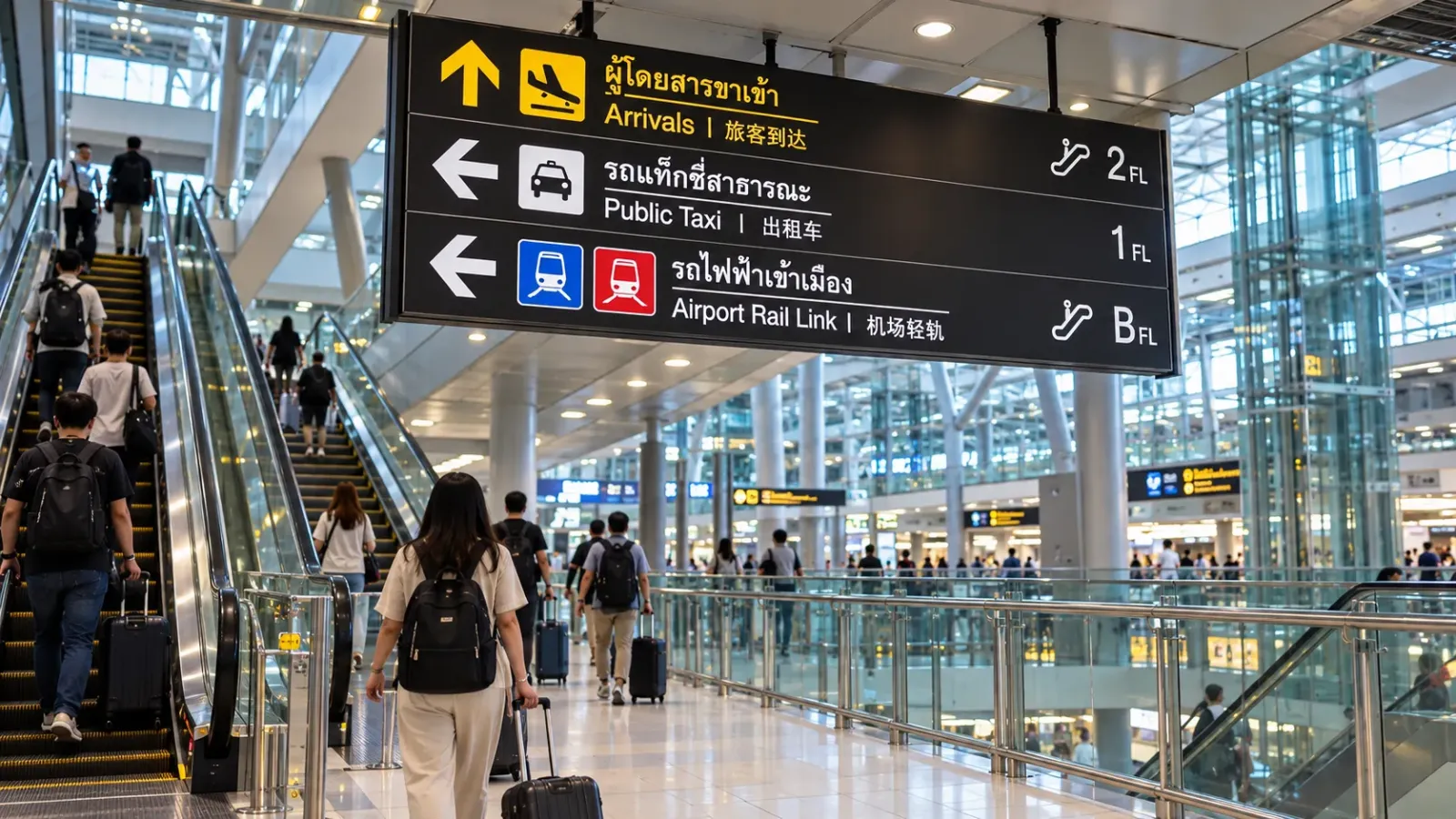 Biển chỉ dẫn đến khu vực Airport Rail Link tại sân bay Suvarnabhumi ở Bangkok Thái Lan