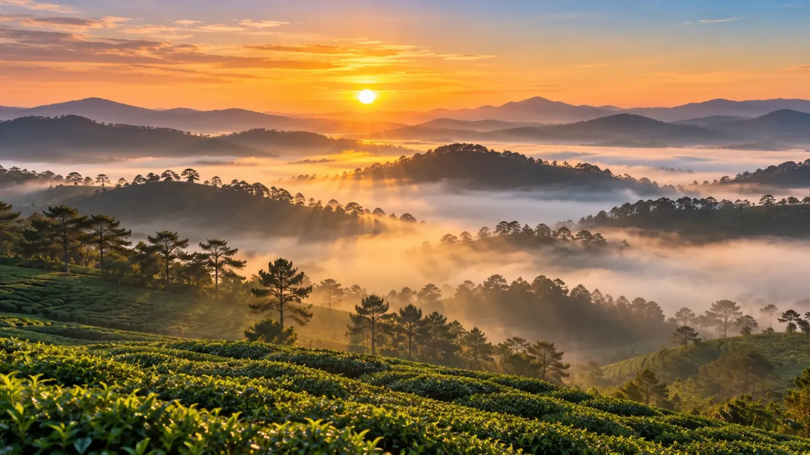 Bình minh chiếu qua những dải sương phủ thung lũng và đồi chè ở Đà Lạt