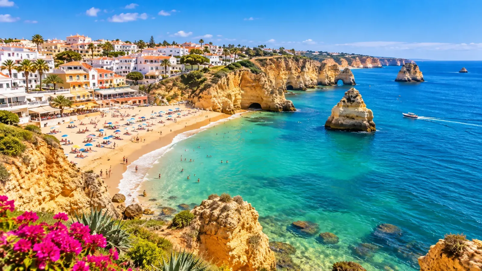 Bờ biển Algarve với bãi cát và vách đá ven Đại Tây Dương trong mùa hè