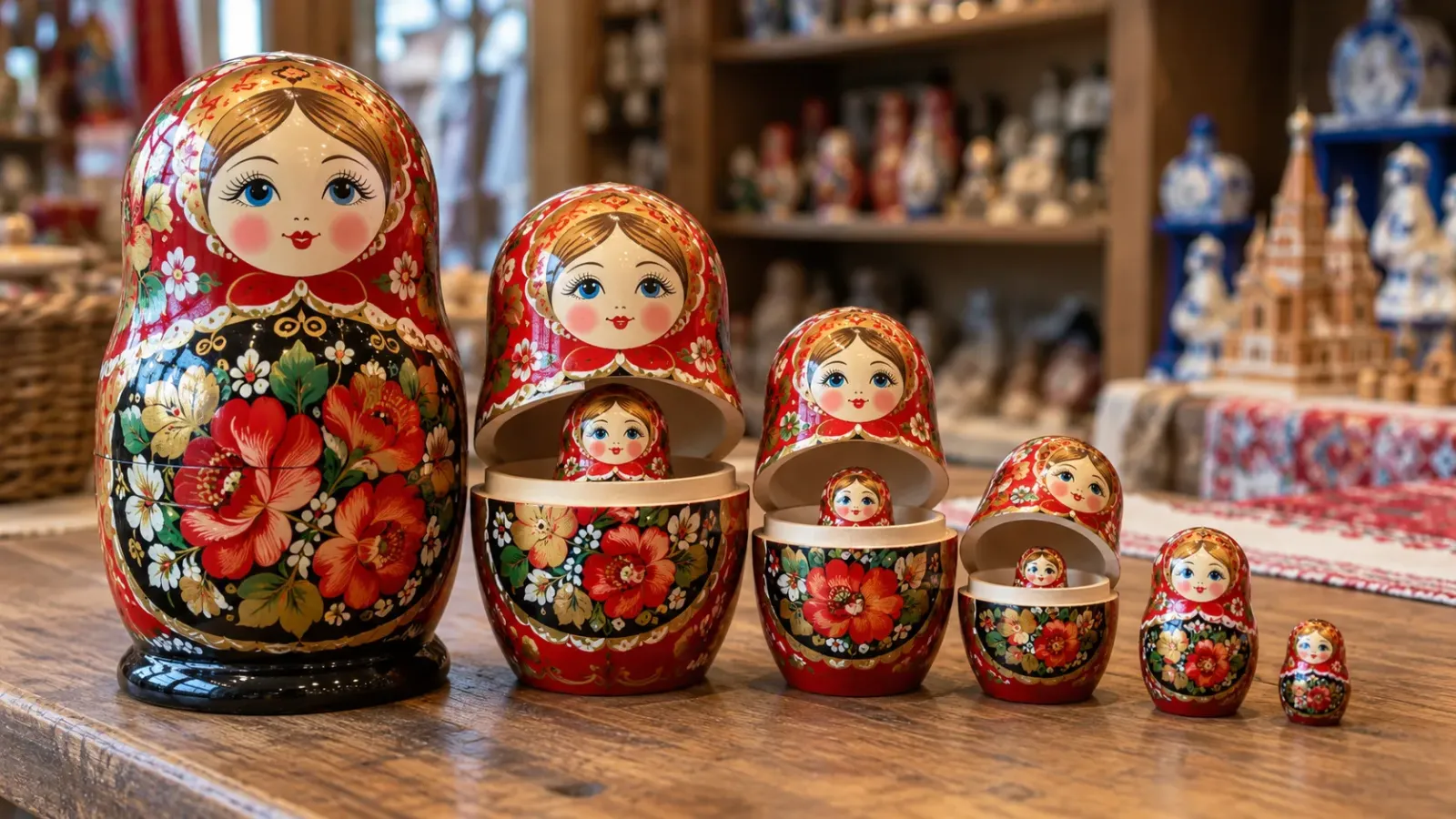 Bộ búp bê gỗ Matryoshka của Nga được mở thành nhiều búp bê có kích thước khác nhau