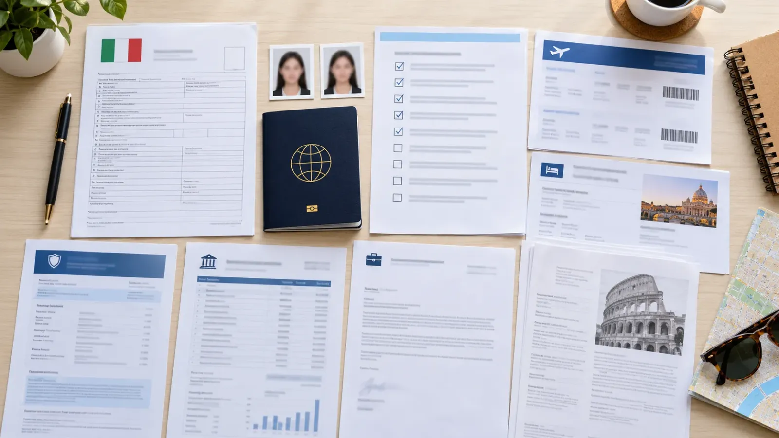 Bộ hồ sơ xin visa du lịch Ý gồm hộ chiếu và các giấy tờ chuẩn bị nộp.