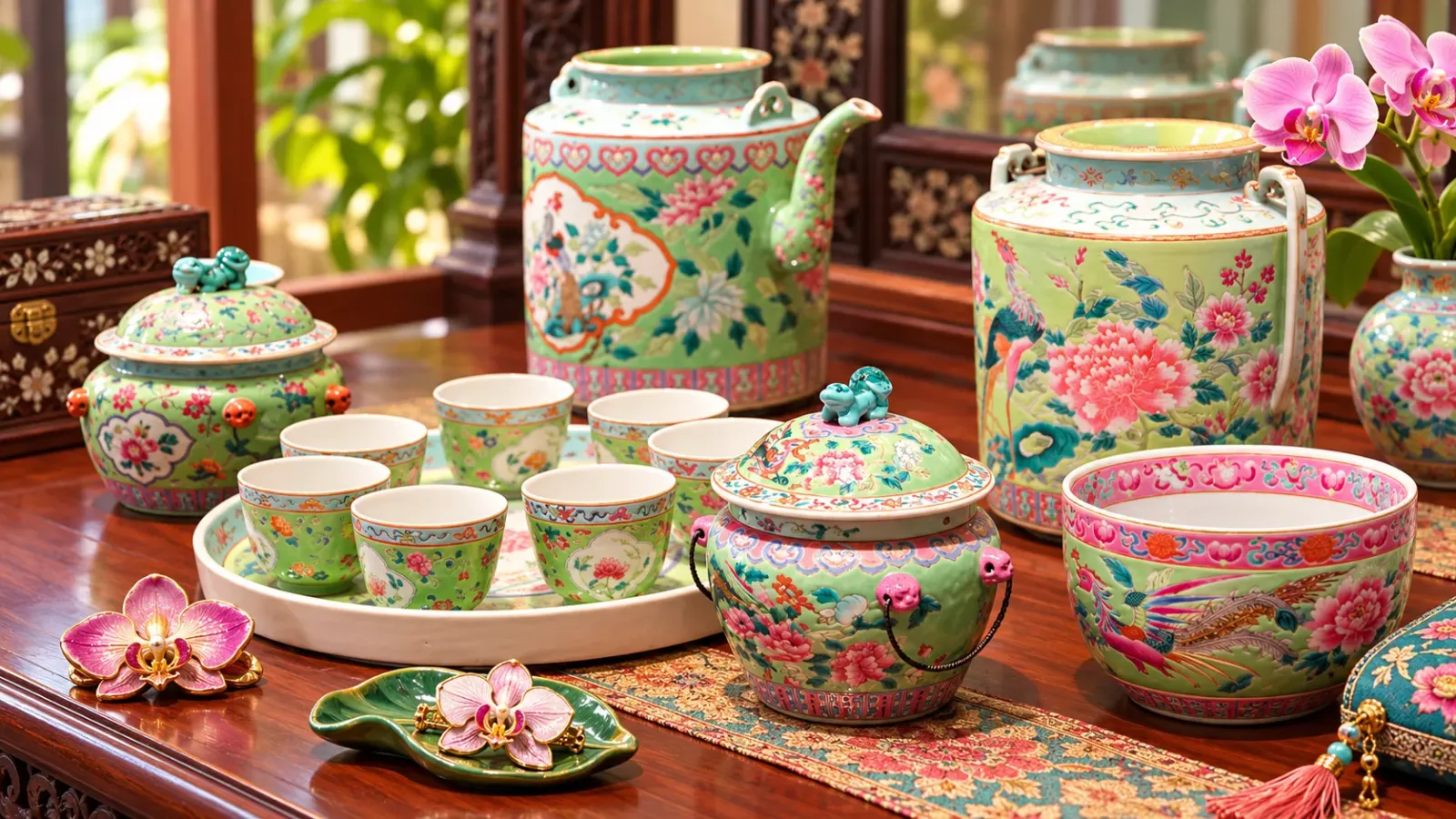 Bộ quà lưu niệm họa tiết Peranakan với đồ gốm trang trí nhiều màu và phụ kiện lấy cảm hứng từ hoa lan